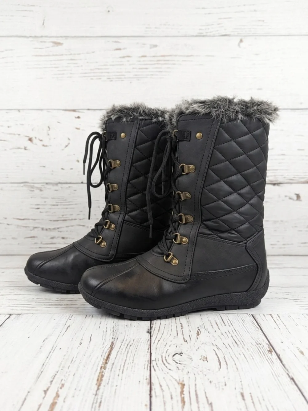 Sporto Women's Black Winter Duck Boots Size 8.5 Faux Fur Trim Laced
